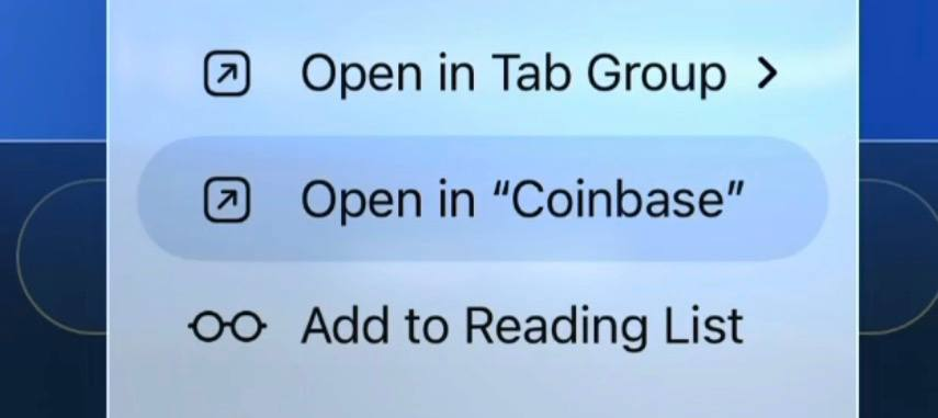 iPhone menu showing the Open in Coinbase option